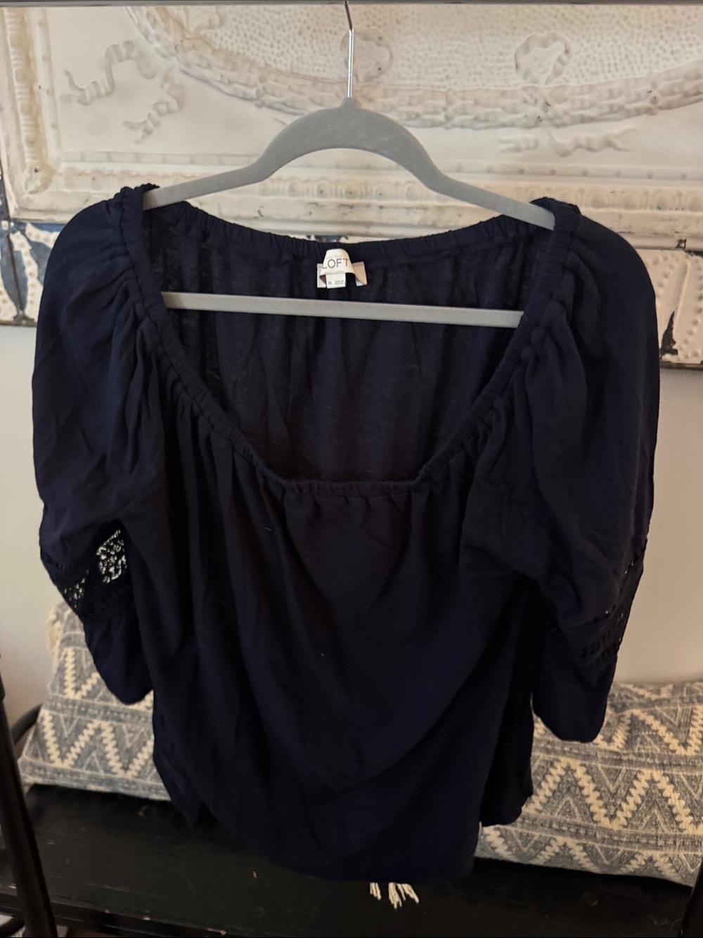 LOFT Navy Peasant Top with Puff Sleeves